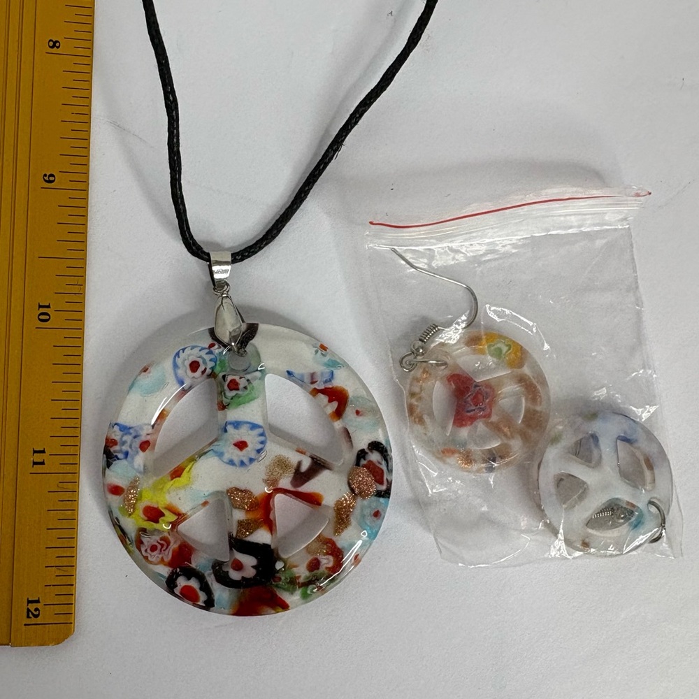 Colorful White Peace Sign Pendant Necklace and Earrings
